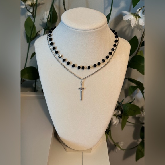 Sword Pendant Silver Tone Necklace Black Beaded Choker Double layered. - Picture 6 of 6